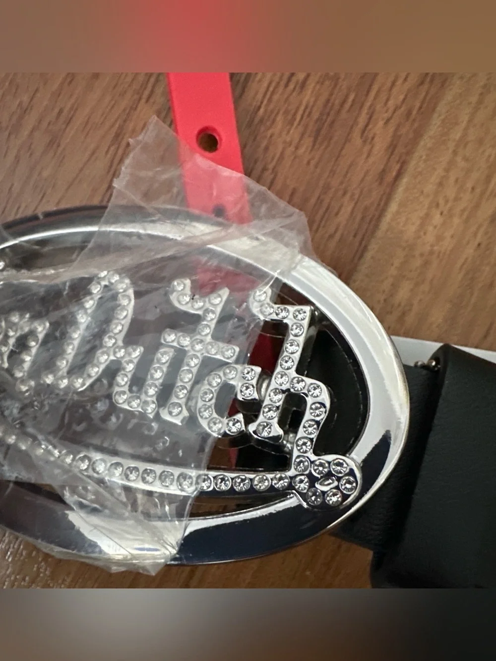 Von Dutch Red and Silver Rhinestone Logo Belt Accent